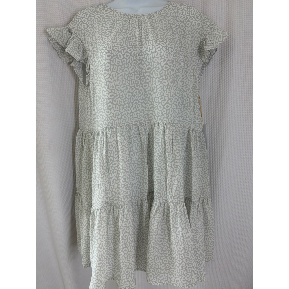 Harper Wren Sage Green Leopard Print Ruffle Flutter Sleeve Tiered Mini Dress M